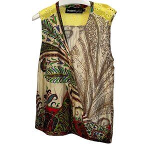Desigual Mixed medium PAISLEY feather yellow eyelet sleeveless top M